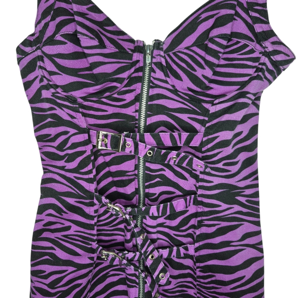 Switchblade Stiletto Purple Zebra Print Mini Dress Front Zipper and Buckle Small - Picture 3 of 11